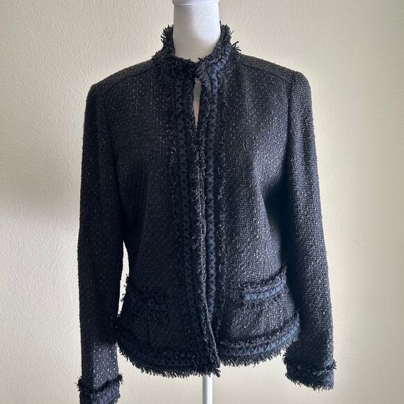 Elie Tahari Boucle Tweed Jacket Lined Front Pockets Black Fringe Hem - Picture 1 of 9
